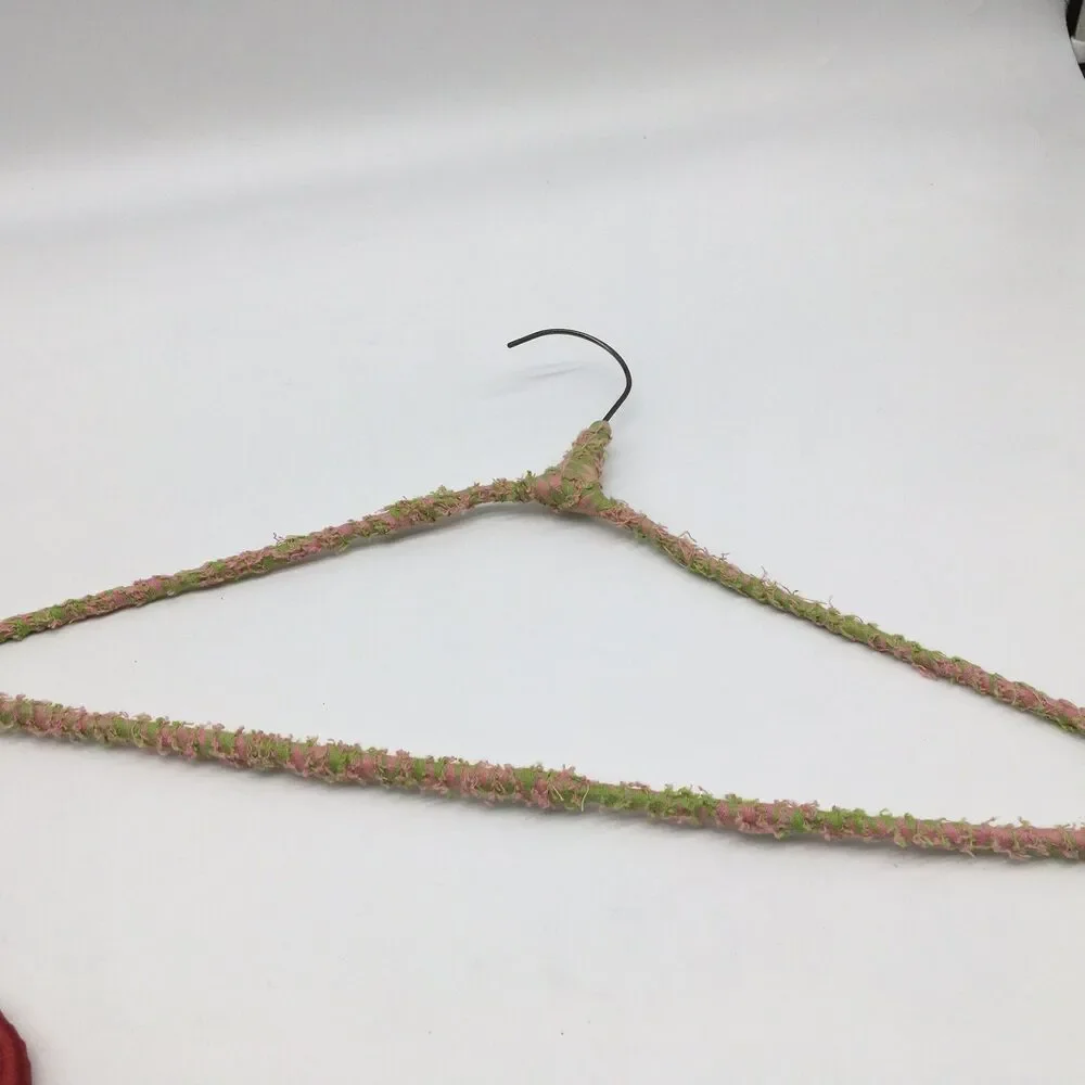 4 Vtg Colorful Yarn Ribbon Covered Granny Clothes Hangers Red Satin Pink Green
